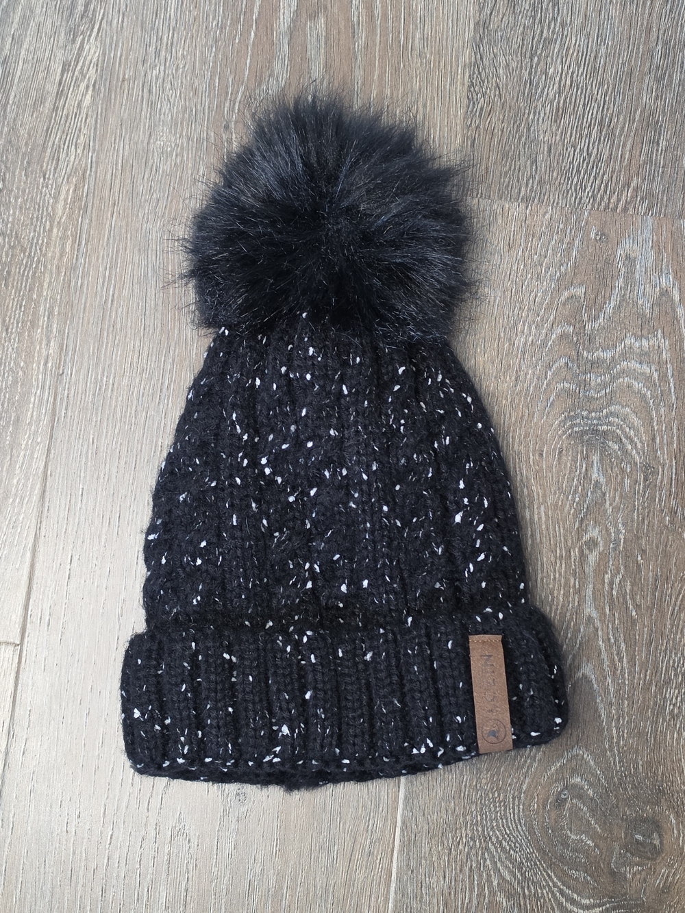 LCZIN Black Confetti Knit Beanie Sherpa Lined Faux Fur Pom Winter Hat Womens